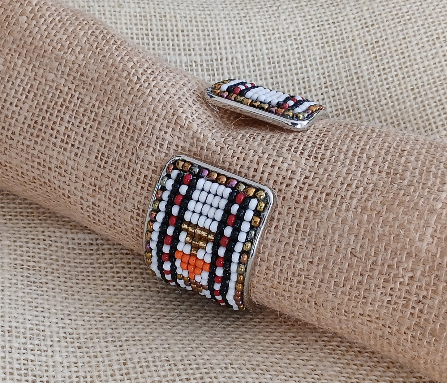 White, Black & Orange Adjustable Loom Bead Cuff Bracelet