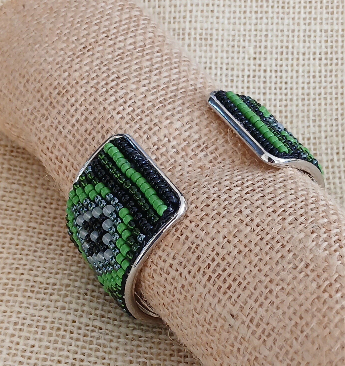 Green & Black Adjustable Loom Bead Cuff Bracelet