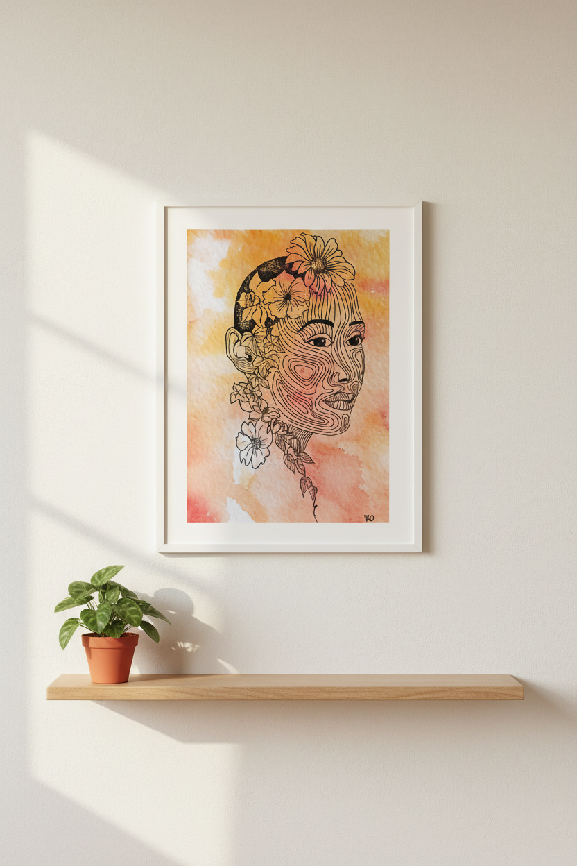 Flowers in Her Hair fine art print framed wall lifestyle mockup