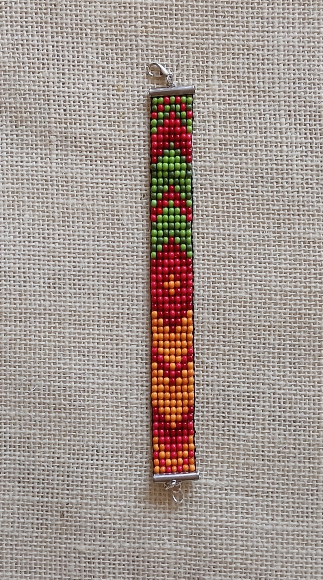 Red, Orange & Green Loom Woven Seed Bead Bracelet
