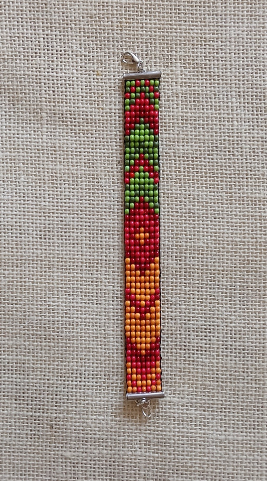 Red, Orange & Green Loom Woven Seed Bead Bracelet