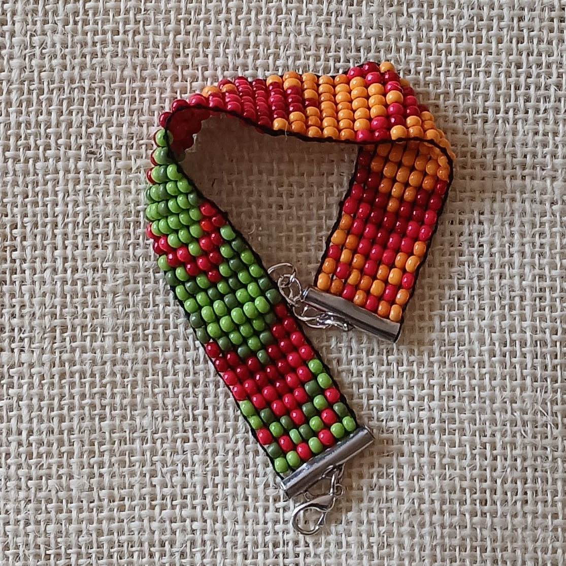Red, Orange & Green Loom Woven Seed Bead Bracelet