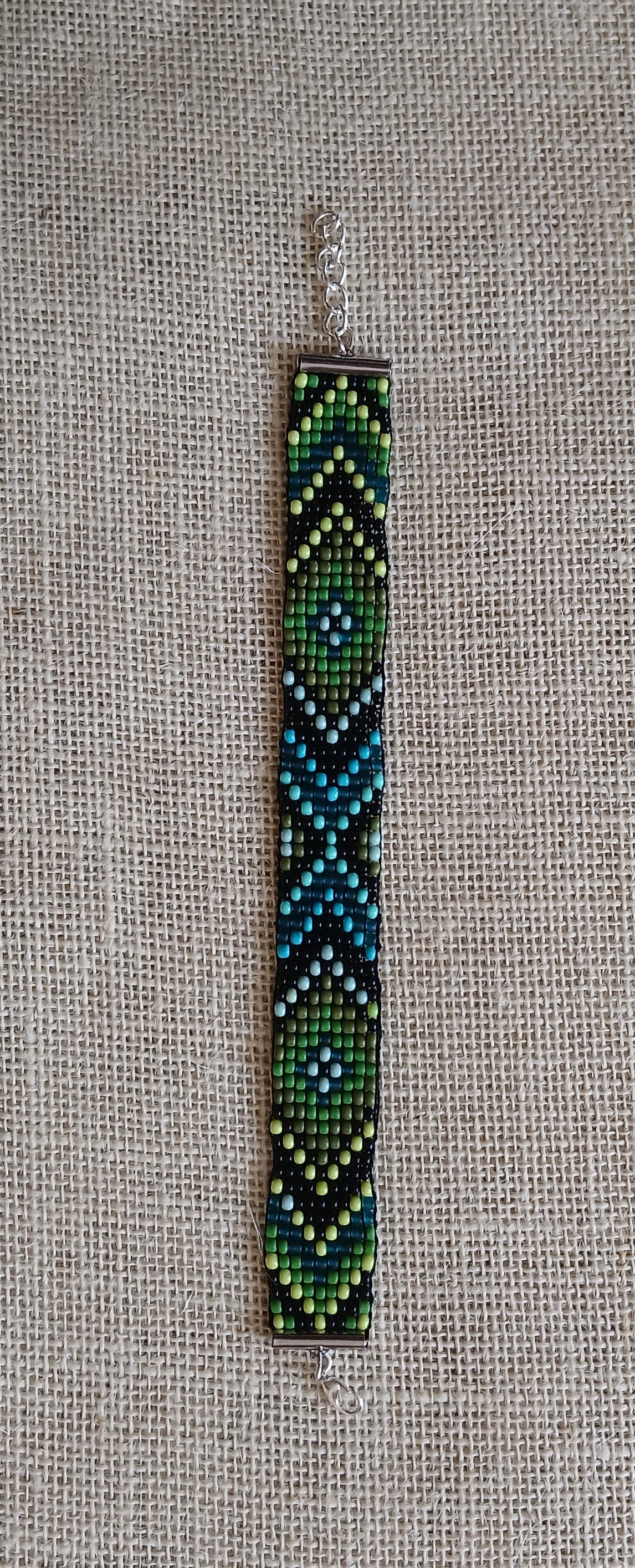 Black, Green & Blue Chevron Loom Woven Seed Bead Bracelet