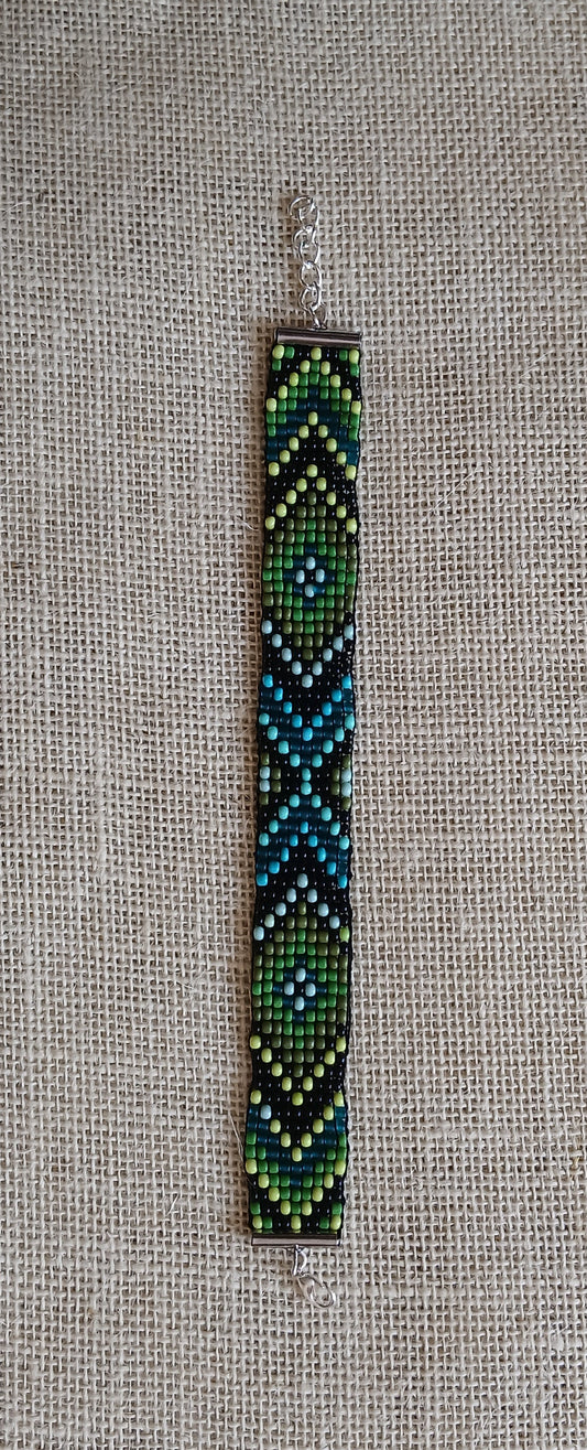 Black, Green & Blue Chevron Loom Woven Seed Bead Bracelet