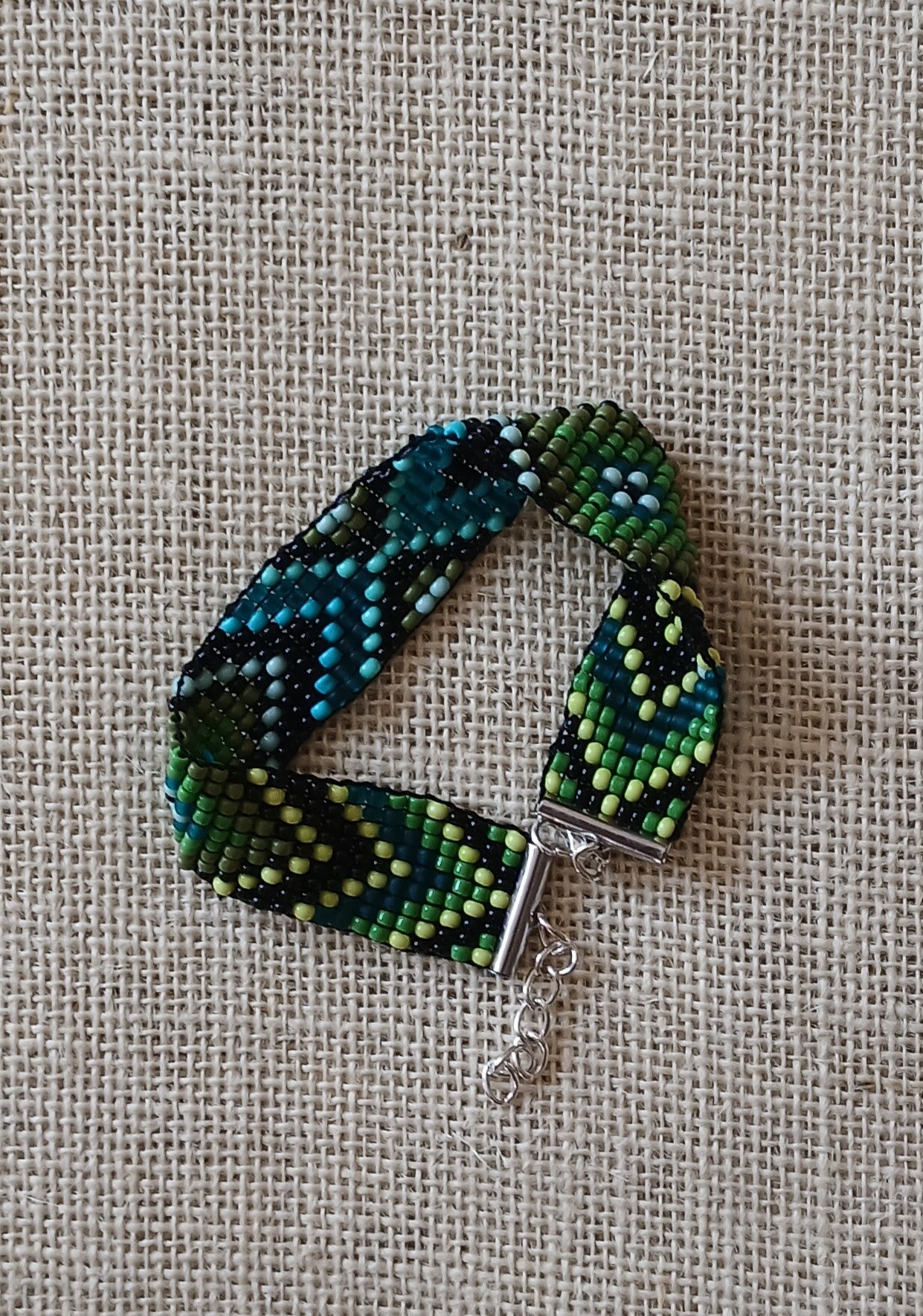 Black, Green & Blue Chevron Loom Woven Seed Bead Bracelet