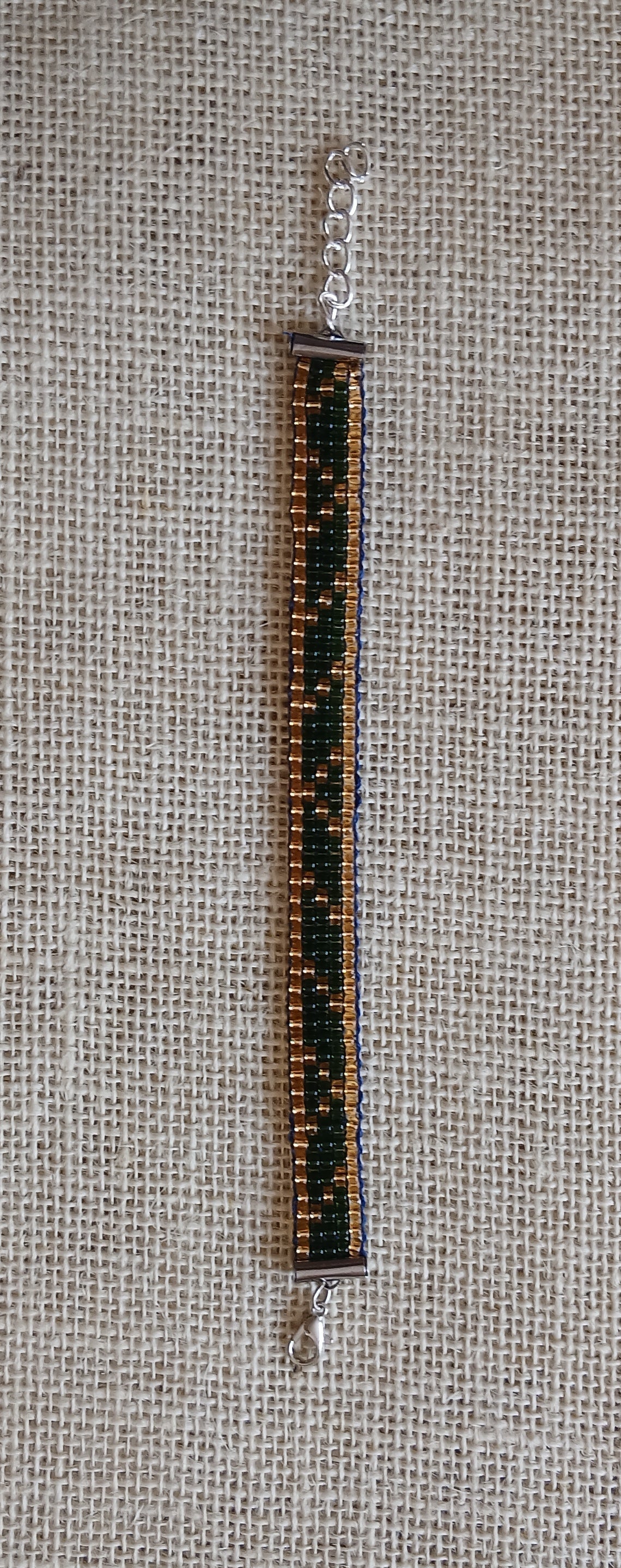 Olive Green & Gold Loom Woven Seed Bead Bracelet