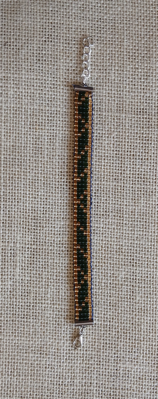 Olive Green & Gold Loom Woven Seed Bead Bracelet