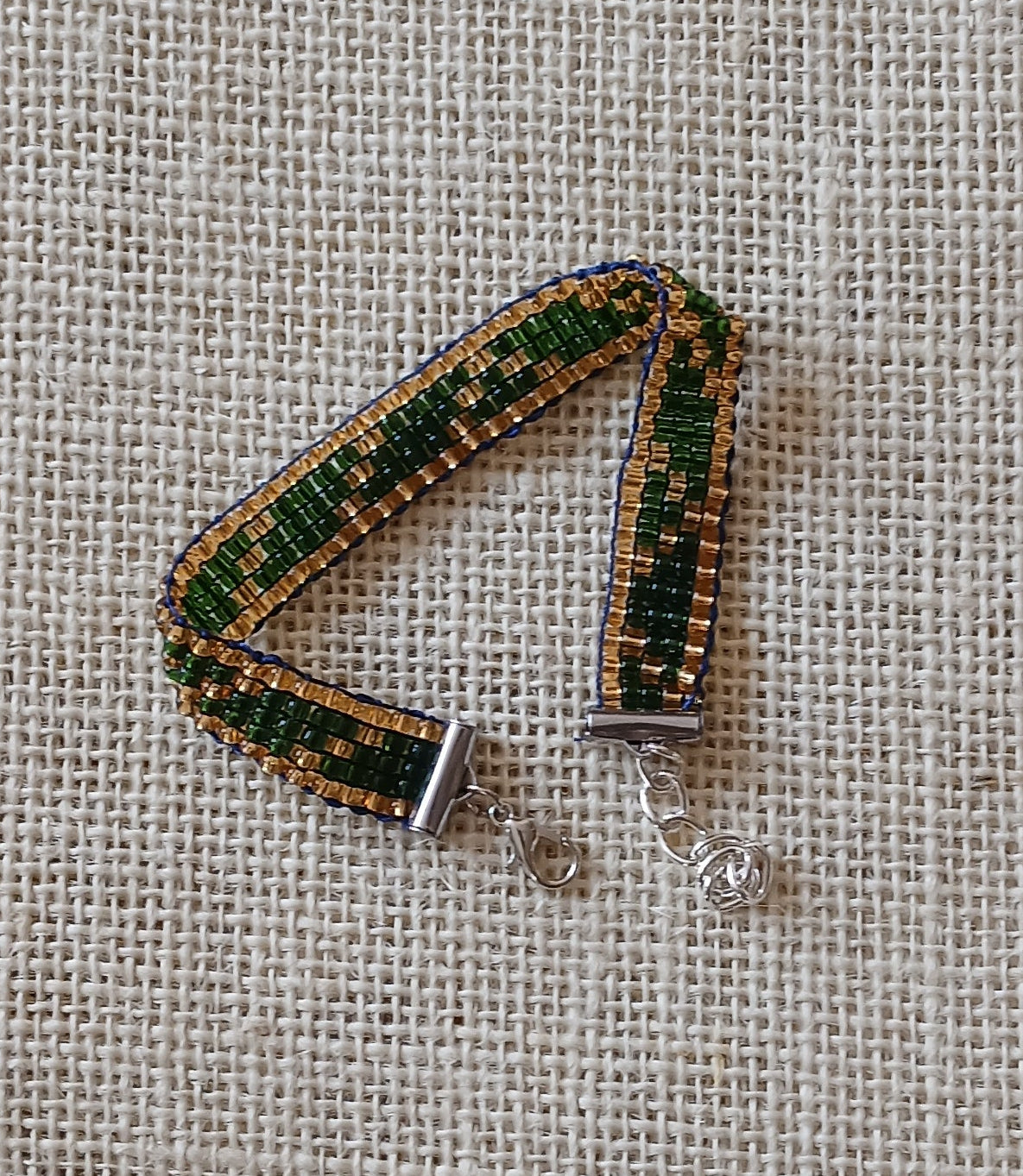 Olive Green & Gold Loom Woven Seed Bead Bracelet