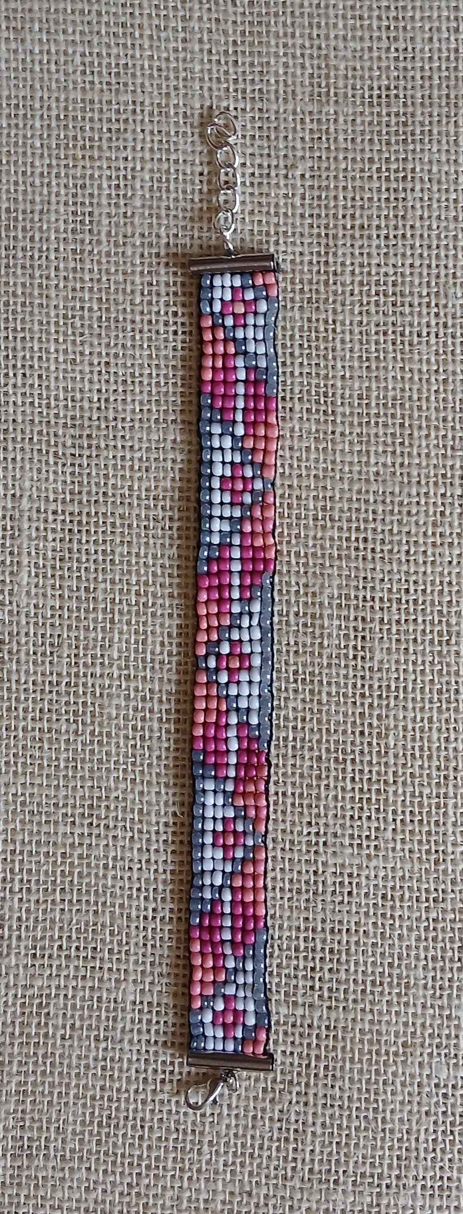 Pink, Grey & White Loom Woven Seed Bead Bracelet