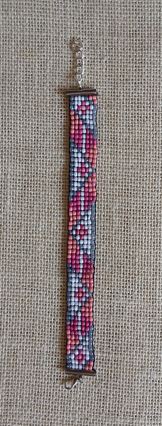 Pink, Grey & White Loom Woven Seed Bead Bracelet