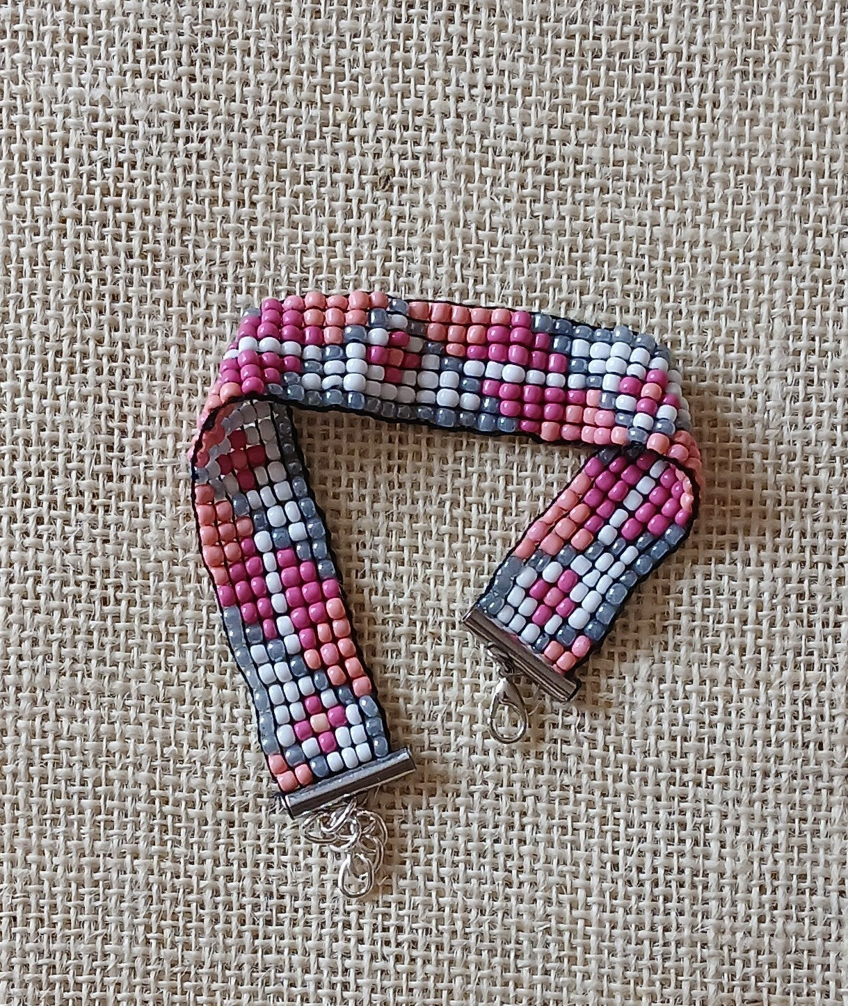 Pink, Grey & White Loom Woven Seed Bead Bracelet