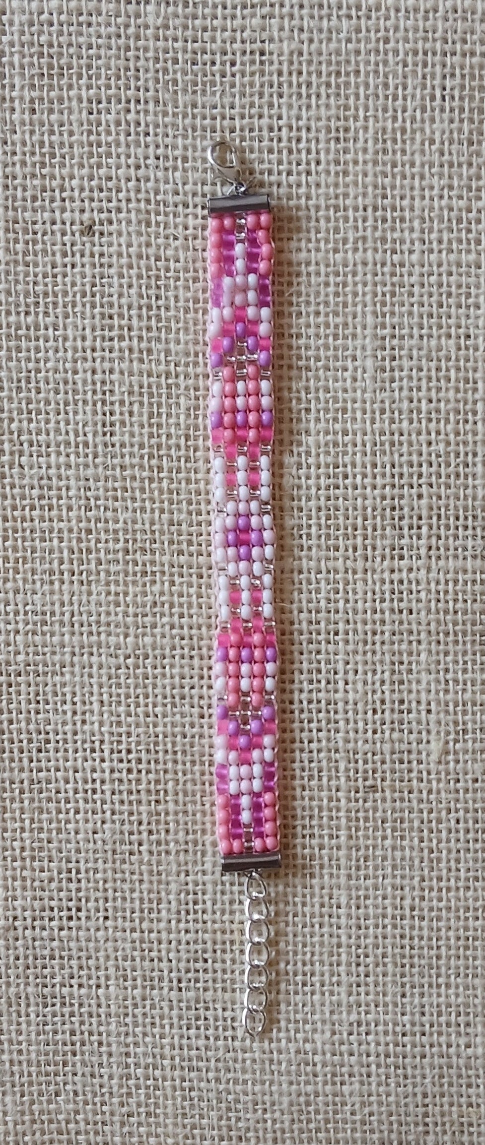 Pink, Silver & White Loom Woven Seed Bead Bracelet