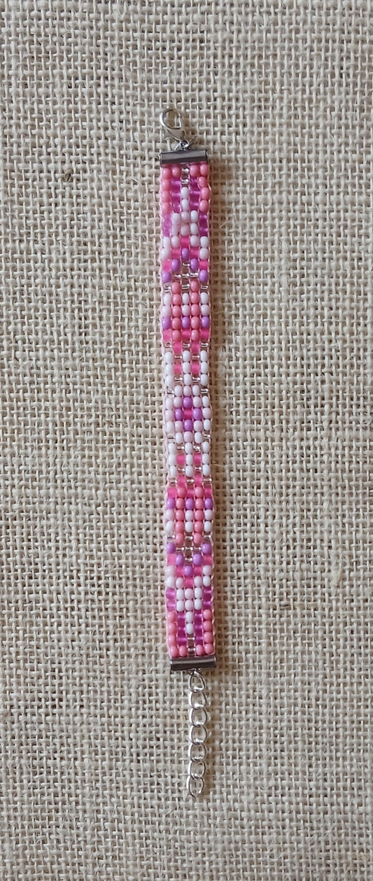 Pink, Silver & White Loom Woven Seed Bead Bracelet