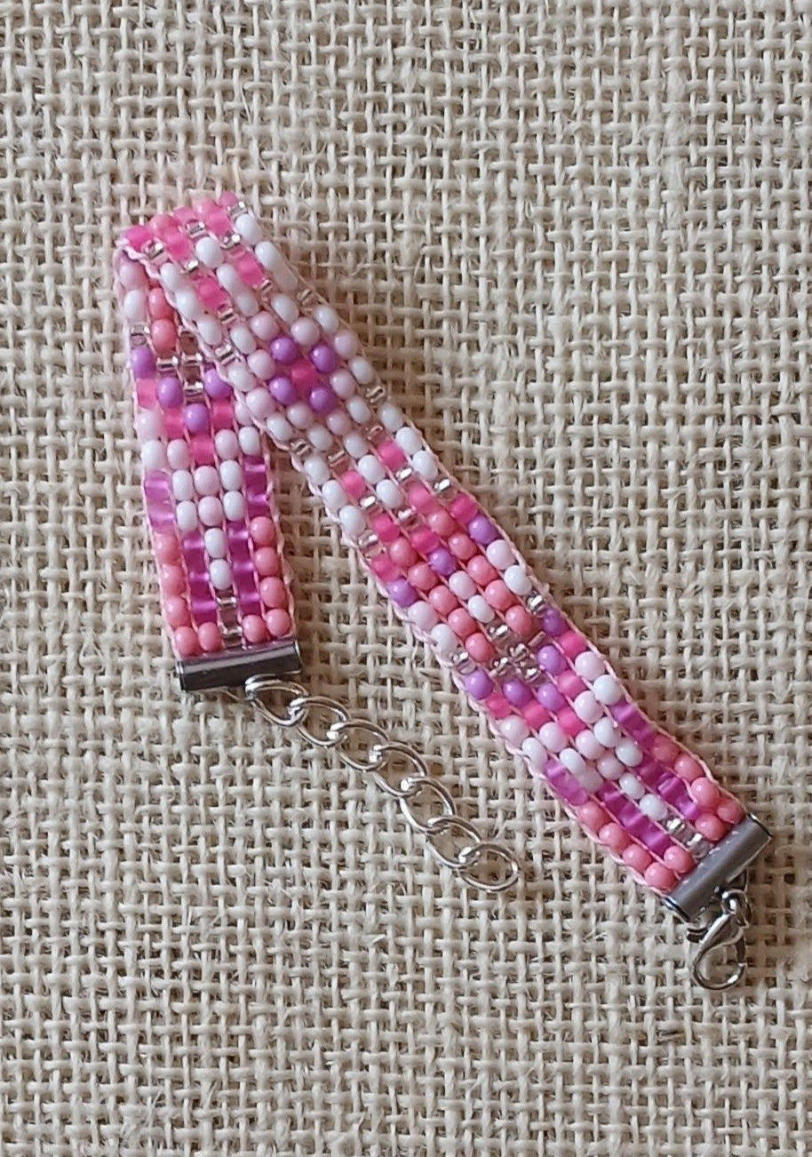 Pink, Silver & White Loom Woven Seed Bead Bracelet