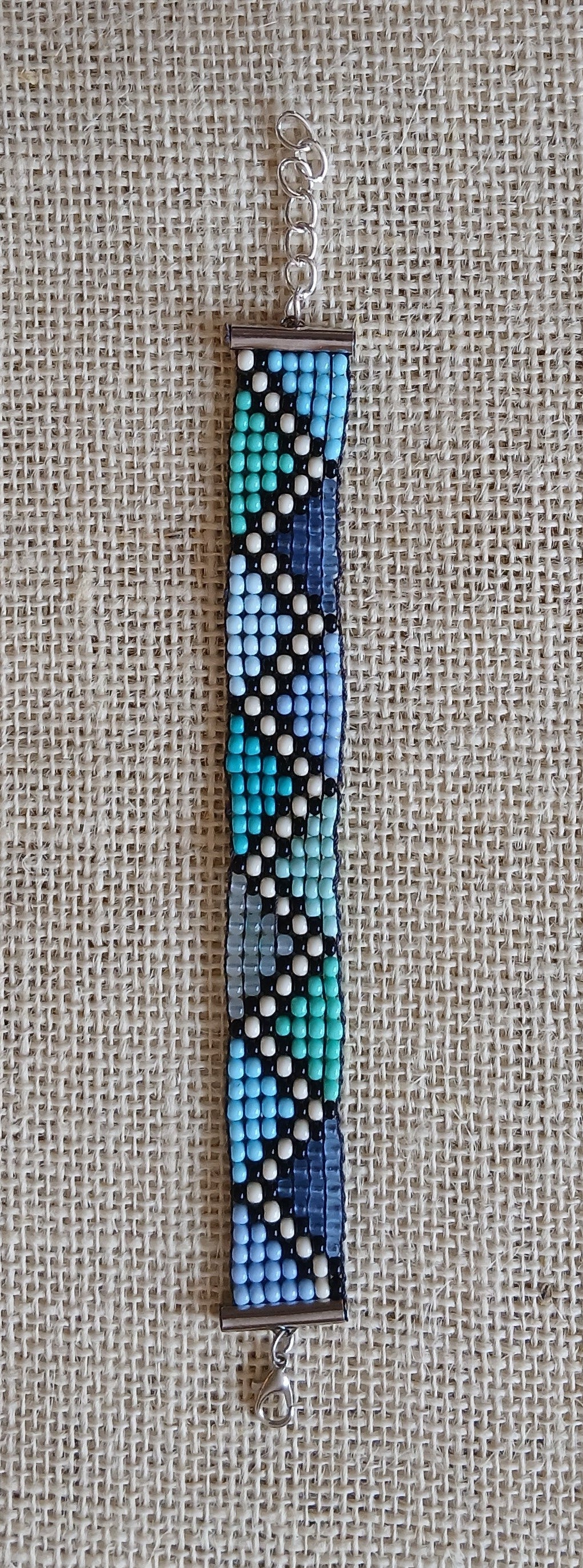 Blue Geometric Loom Woven Seed Bead Bracelet