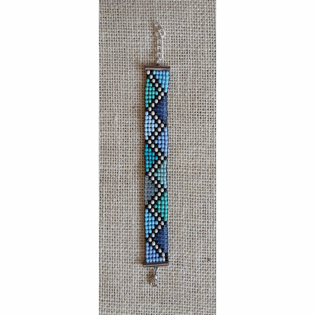 Blue Geometric Handmade Loom Woven Seed Bead Bracelet