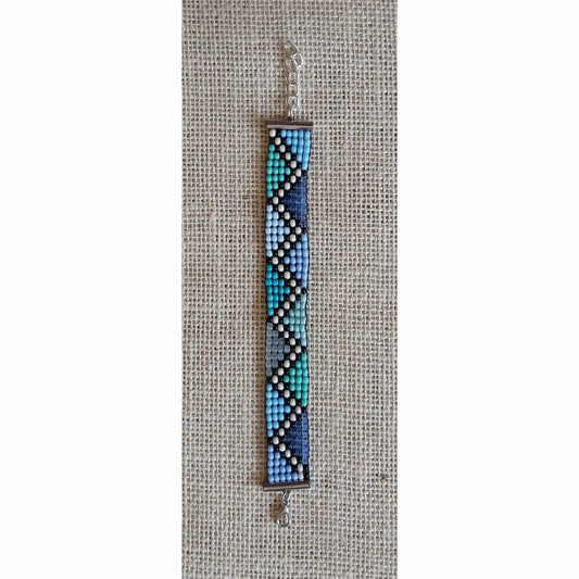 Blue Geometric Handmade Loom Woven Seed Bead Bracelet