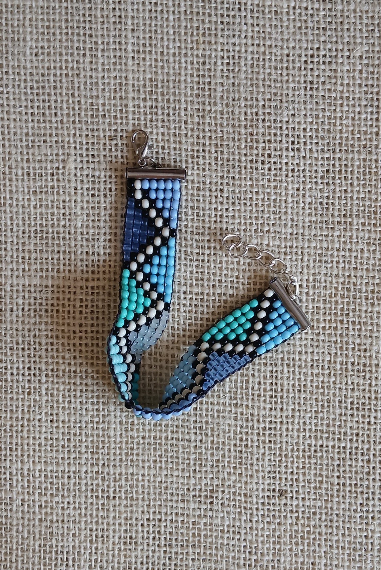 Blue Geometric Loom Woven Seed Bead Bracelet