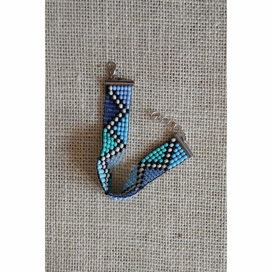 Blue Geometric Handmade Loom Woven Seed Bead Bracelet
