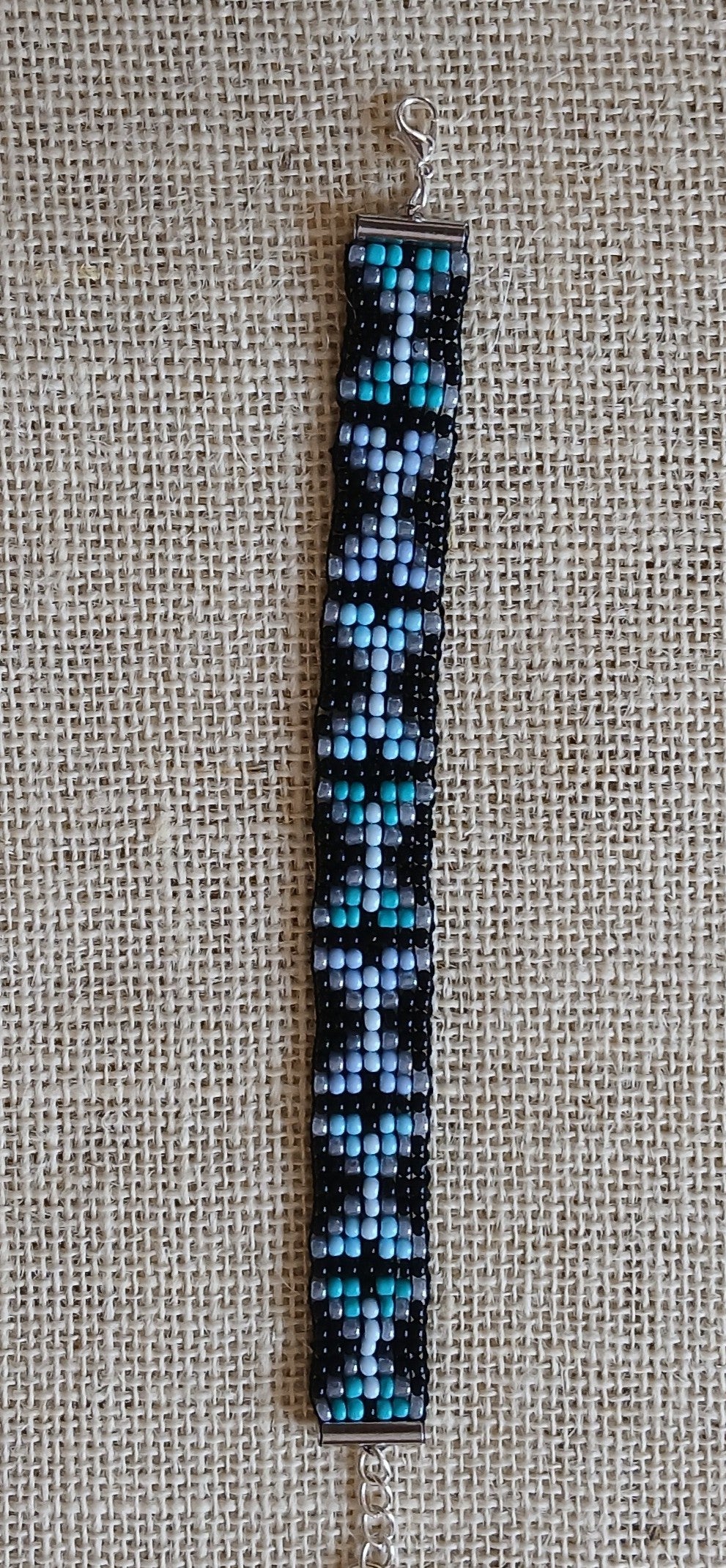 Black, Grey & Blue Loom Woven Seed Bead Bracelet