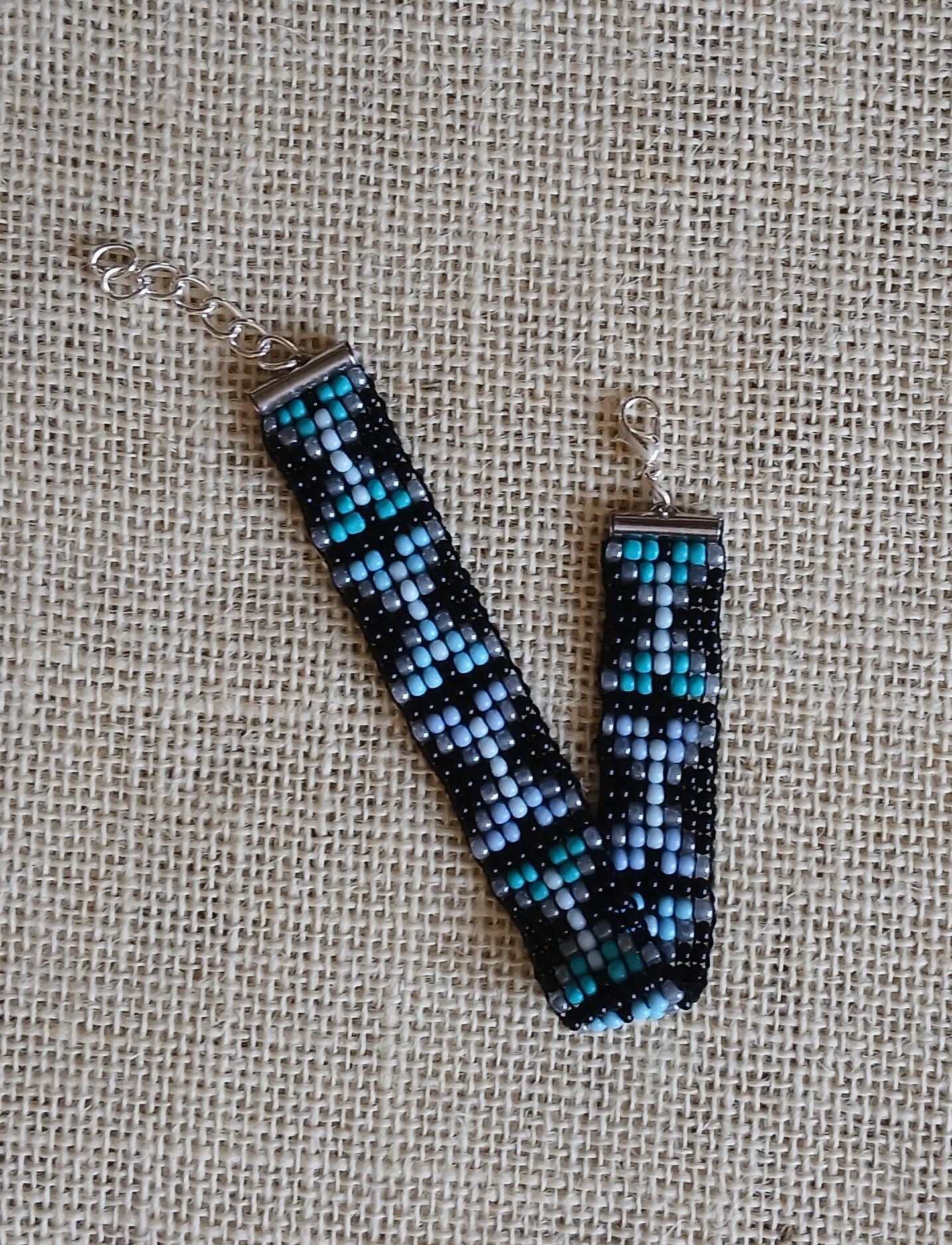 Black, Grey & Blue Loom Woven Seed Bead Bracelet