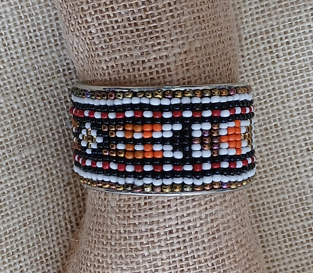 White, Black & Orange Adjustable Loom Bead Cuff Bracelet