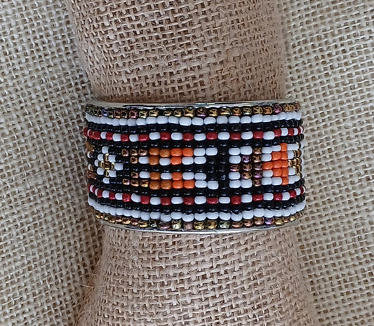 White, Black & Orange Adjustable Loom Bead Cuff Bracelet
