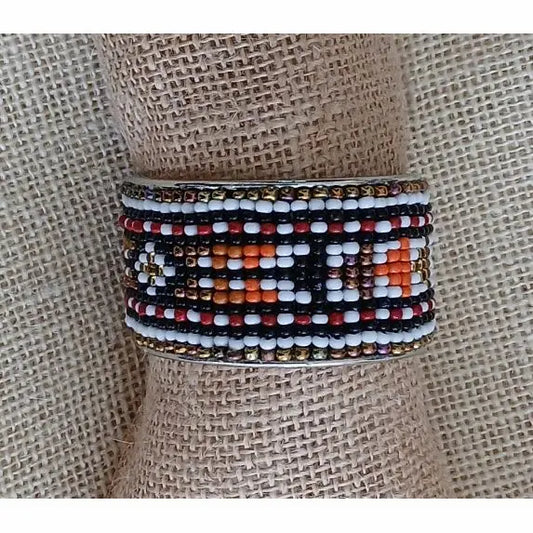 White, Black & Orange Handmade Loom Woven Seed Bead Bracelet – Adjustable