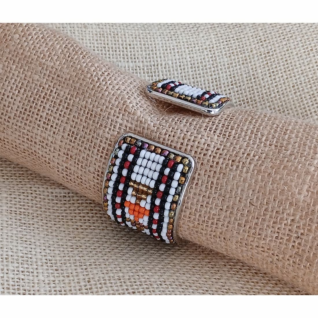 White, Black & Orange Handmade Loom Woven Seed Bead Bracelet – Adjustable