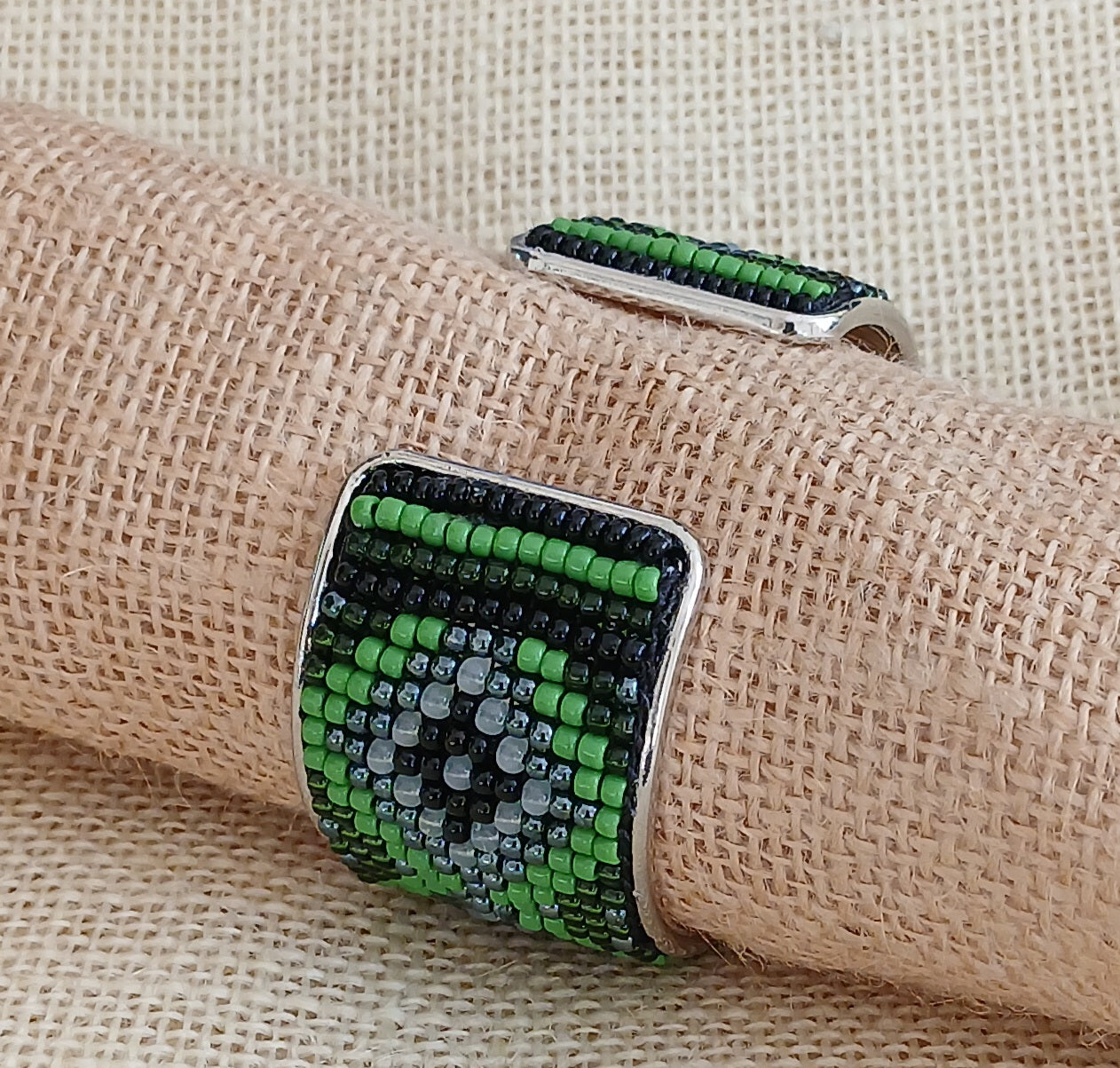 Green & Black Adjustable Loom Bead Cuff Bracelet